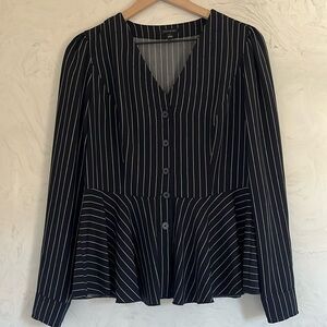 Ann Taylor Long Sleeve Navy Blue Striped Peplum Blouse.